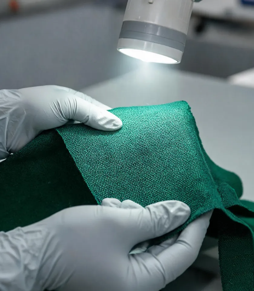 Textile technician inspecting dense worsted billiard cloth weave