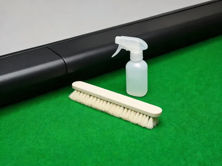 Billiard cloth brush and care tools arranged beside a table rail