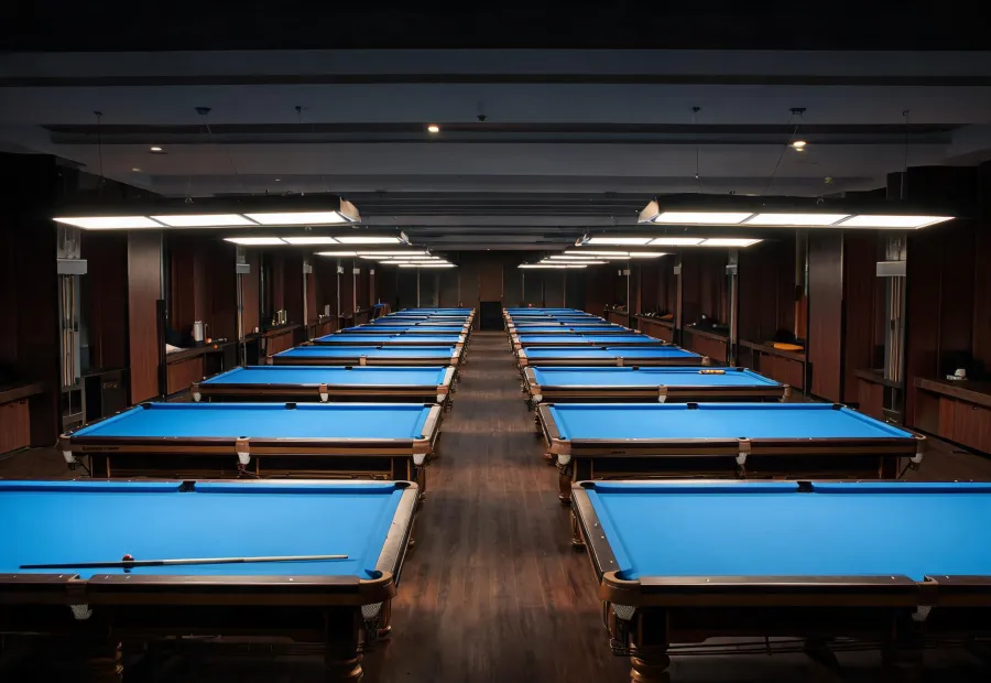 Professional billiard club with aligned blue cloth tables