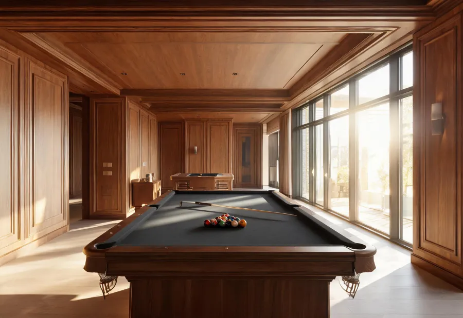 Architectural recreation room with a charcoal billiard table
